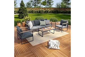 Avril Paris Salon de Jardin Exterieur en Aluminium et Bois Composite - 5 Places - Ensemble Meuble Salon Complet Gris et Naturel - 2 Fauteuils de Jardin - 1 Canapé 3 Places - 1 Table Basse - Vincennes
