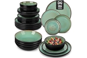 vancasso AMBER Service Vaisselle 6 Personnes, Ensemble Assiettes de Table 24 Pièces en Grès - Assiettes Plates, Assiettes à Dessert, Bols à Pâtes et Bols - Adapté au Micro-Ondes - Glaçure Vert