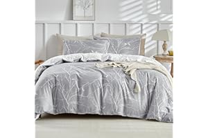 Tokokimo Set Copripiumino Matrimoniale 260x240cm, Copripiumino Matrimoniale 3 Pezzi in Microfibra Con Motivo a Ramoscelli e Foglie, Comprendente 1 Copripiumino 260x240 + 2 Federe 50x80, Grigio/Bianco