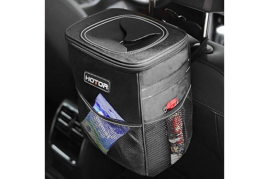 HOTOR Car Bin: Leak-Proof, Foldable, Waterproof Interior Accessory With Lid, Adjustable Straps and Multiple Pockets