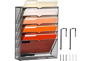 SUPTIDY 6-stöckiger Wand Zeitungshalter, Praktischer Wandorganizer Büro, Metall Prospekthalter, Zeitschriftenhalter Wand, A4 Dokumentenablage Mit verlängerten Haken, Schwarz