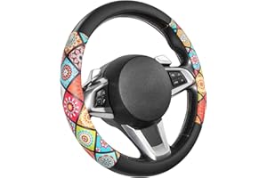 SEG Direct Couvre Volant Housse de Volant de Voiture en Cuir Microfibre Motif Mandala pour Femmes Filles, Taille Standard 37-39 cm, Multicolore Et Noir