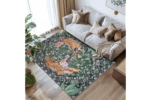 ‎TUKDAK TUKDAK Waschbarer Teppich für Wohnzimmer 120×180cm, Grün Tiger Antirutsch Schlafzimmer Teppich mit Gummirücken, Weicher Kurzflor Kinderzimmer Rug, Boho Tier Carpet für Esszimmer Küchen Badezimmer