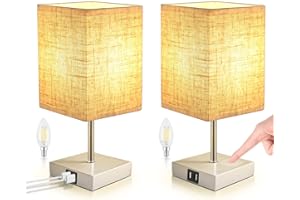 Lovebay Lampe de Chevet Tactile 3 Intensité lot de 2, Lampe de Table Dimmable LED, 2 Ports de Charge USB, en lin E14 Moderne pour Bureau, Salon, Chambre(Ampoule Incluant)