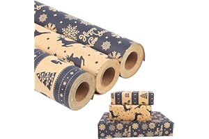 HBell Christmas Wrapping Paper Roll, 3 Rolls 43cm*10m, Blue Xmas Kraft Wrapping Paper for Xmas Party Gifts, New Year Festival Birthday Party Decorations