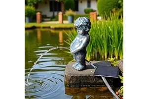 Arnusa Gargouille solaire - Figurine de bassin avec pompe solaire et jeu d'eau - Décoration de jardin en polyrésine aspect cuivre - Fontaine solaire pour étang de jardin et cours d'eau (garçon 11 x 12