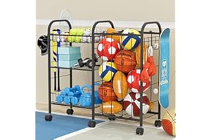NEYCIL Carrello portaoggetti per palline, con 6 ruote, elastico, cestino rimovibile, gancio, scaffalatura per attrezzature sportive per garage, cameretta dei bambini, cortile, scuola, interni ed esterni