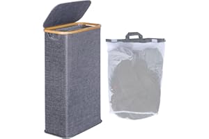 efluky Narrow Laundry Baskets with Lid, Tall Slim Wash Basket for Laundry, Foldable Small Slimline Laundry Basket for Dirty Clothes, 63L Cloth Storage Basket Blue-grey