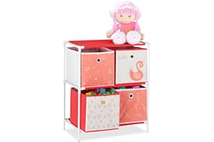 Relaxdays Scaffale per Giocattoli con 4 Scatole, per Bambini Bambine Design Swan Princess HBT: 62x53x30 cm, Bianco/Rosso