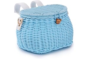SVNR Kids Bike Basket Set, Bike Scooter Tricycle Basket, Children Cycling Basket, Children Bike Basket Handwoven Backpack with Lid Shoulder Strap, Rattan Basket, Front Handlebar Basket
