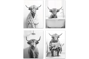 Lavema Badezimmer Deko Bilder - Poster DIN A4 (21x30cm) ohne Rahmen - lustige Wanddeko - schwarz weiß Wandbild - WC Toilette Deko - Schottische Hochland Kuh