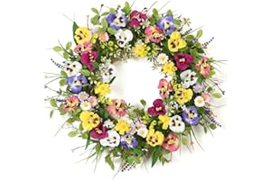 Betylifoy Spring Door Wreath for Front Door Artificial Wreath Pansy Flower Artificial Green Wreath Large Colorful Spring Summer Wreath for Door Window Wall Decor