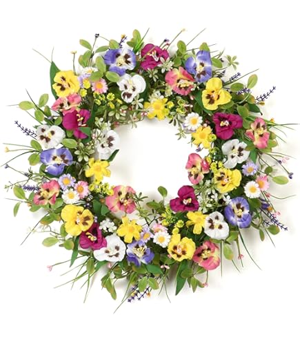 My Home Ghirlanda Decorativa Con Gatto – Base In Legno Di Bosso, Fiori Gialli E Viola, Diametro 26 Cm, Per Porta O Parete - 2