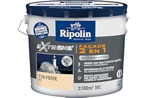 RIPOLIN - Peinture Façade 2 en 1 Extrême Extérieur - Sous-Couche Intégrée - Très Forte Adhérence - Protection Contre Micro-organismes - Résistance aux UV et Intempéries - Mat - 10 L - Ton Pierre