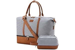 Sucipi Reisetasche Damen Weekender Damen Groß Canvas PU-Leder Handgepäck Kliniktasche (XL 53 x 37 x 23 cm) mit Schuhfach mit Kulturtasche - Blau Gestreift