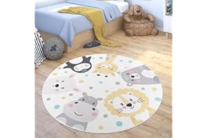 Paco Home Alfombra De Habitacion Bebe Infantil Niña Niño De Juego Se Puede Lavar En La Lavadora Redonda Moderna Animales del Zoo, tamaño:Ø 120 cm Redon, Color:Beige