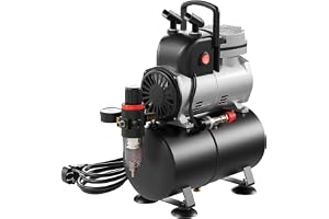 Wiltec Airbrush-kompressor med encylindrig kolv, modell AF189, med lufttank, max. 6 bar tryck, tryckregulator, vattenavskiljare, manometer
