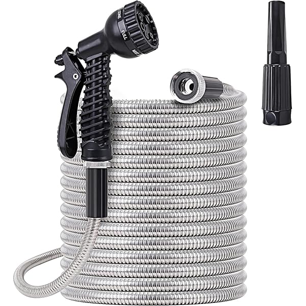 Metal Garden Hose 100FT - Stainless Steel Heavy Duty With 8-Mode Spray Nozzle