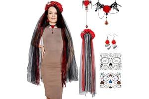 CELEBRATION DIRECTRE Day of the Dead Costumes for Women, Halloween Day of the Dead Headband Mexican Rose Skull Crown Lace Gloves Face Tattoos Lace Necklace Bracelet Earrings for Women Halloween Costume