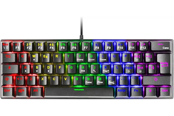 Mars Gaming MK60, Teclado Gaming Mecánico 60% Ultraligero con Switch Azul, Iluminación Rainbow RGB, Teclas Doble Inyección, Anti-Ghosting y Modo Juego, Multiplataforma, Idioma Italiano, Negro
