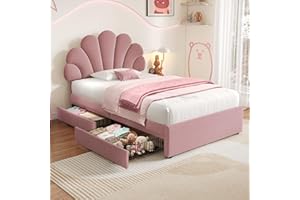 JOVIFY 3ft Single Upholstered Platform Bed Frame with Adjustable Petal Headboard & 2 Storage Drawers/Velvet Fabric/Sturdy Wooden Slat Support/No Box Spring Needed, Youth Bed for Adults Kids Teenagers, Pink