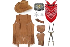 SAIER TBO 9 Pièces Cowboy Costume Accessoires pour Homme, Western Cowboy Cosplay Costume Set avec Chapeau Gilet à Pompons Bandana Etui Ceinture Boucle Bolo Cravate Collier Badge pour Carnaval Soirée à Thème
