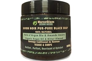 MAROC GLAM Savon Noir Marocain à l'huile d'argan BIO et l'Amandes amères, 250g,100% traditionnel Beldi. Anti-rides mondialement connu. Gommage au savon noir naturel pour une peau douce, RICHE en Vitamine E