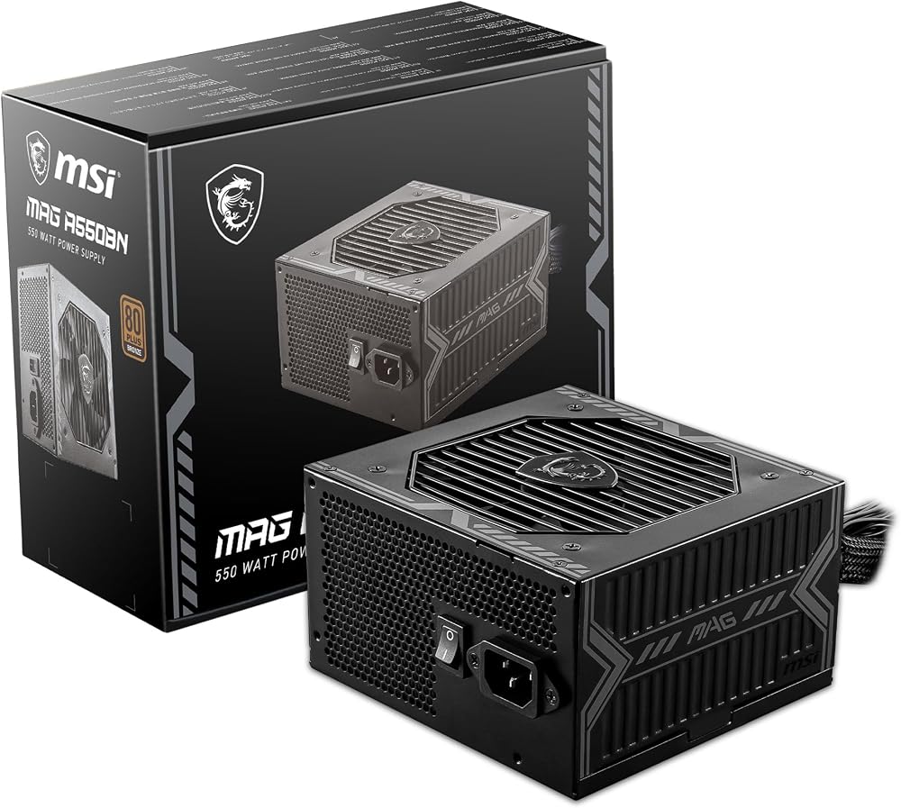 MSI MAG A550BN güç kaynağı, AB fişi, 550 W, 80 Plus bronz sertifikalı, ATX güç kaynağı, 12 V Single-Rail, DC/DC gerilim dönüştürücü tasarımı, 120 mm fan