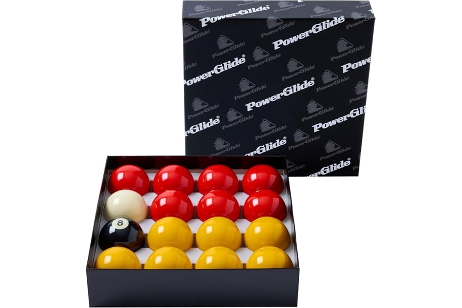 PowerGlide Pool Ball Set | 16 Balls | Tournament | Spots & Stripes or Reds & Yellow | Boxed | Full Size 2 1/4", 2", 1 7/8" or 2" with 1 7/8" White