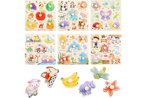 NewZC 6 Pièces Puzzle Bois avec Poignée - Apprentissage Précoce Puzzle Encastrement éducatif Montessori pour Garçons Filles- Puzzles Encastrable Vehicule Ferme Fruits Animaux Marins Insectes