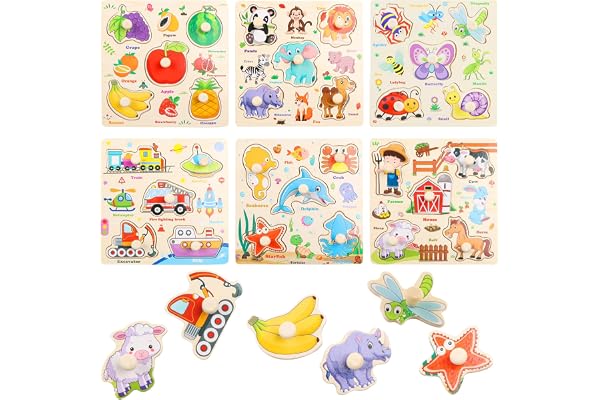 NewZC 6 Pièces Puzzle Bois avec Poignée - Apprentissage Précoce Puzzle Encastrement éducatif Montessori pour Garçons Filles- Puzzles Encastrable Vehicule Ferme Fruits Animaux Marins Insectes