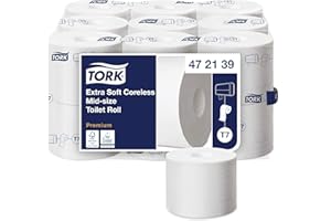 Tork Papier toilette Rouleau Mid-size sans mandrin extra-doux blanc T7, Premium, 3 plis, 18 x 550 feuilles, 472139