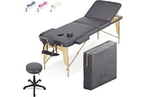 Beltom® LETTINO MASSAGGIO 3 ZONE IN LEGNO DIMENSIONE 195/225 X 70 CM + SGABELLO REGOLABILE IN ALTEZZA + BORSA PER LETTINI DA MASSAGGI PORTATILE - PANNELLO REIKI - ANGOLI ARROTONDATI E RINFORZATI-NERO