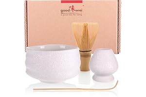 Goodwei Matcha Set komplett mit Matchabesen, Matcha Löffel und Matcha Schale aus Keramik mit Besenhalter im passenden Design | Kunstvoll gefertigte Zeremonieschale Chawan (Miyuki, 80)