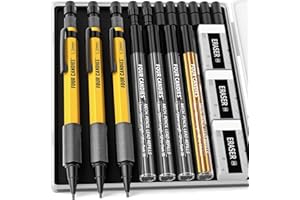 Four Candies Set di 3 matite meccaniche da 1,3 mm con custodia, matite da falegname in metallo resistente con 48 ricariche (rosso, nero, giallo), 3 gomme, 12 ricariche per gomma, corpo resistente alle