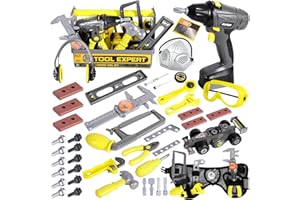 DONGQI 76 Pcs Kinder Bauwerkzeug Spielzeug Set, Werkzeugkoffer Kinder Werkzeug mit Werkzeugkasten Massband Montage Auto Elektrische Spielzeug Bohrmaschine und Zubehör für Bauwerkzeuge