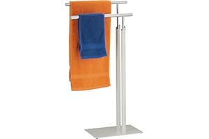 Relaxdays Free-Standing Towel Rack, 2 Rails, HxWxD 78 x 44 x 20 cm, Bathroom Stand, Clothes Valet, Steel, White/Silver