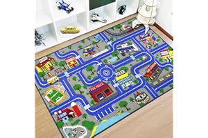 Capslpad Kids Play Rug Town City Road Car Mat 100x160cm Non-Slip Kid Carpet Playmat Machine Washable Exercise Mat Short Pile Learning Educational Area Rug for Kids Room Toddler Playroom Decor, Blue