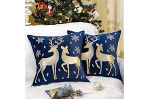 Lewondr Christmas Soft Velvet Throw Pillow Cover, 2 Pack Gold Deer Snowflake Embroidery Decorative Throw Pillow Case Luxurious Sofa Cushion Cover for Home Christmas Decoration 18"x18"(45x45cm)