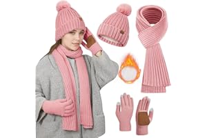 CHRITICE Mütze, Schal & Handschuh-Sets für Damen, Mütze Damen Winter mit Bommel Fleece Gefütterte, Schal Touchscreen Handschuhe 3 in 1 Set Damen Mütze und Schal Set Damen Winterset Damen, Geschenk für Frauen