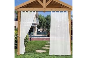 Heavyoff Rideau d'extérieur Imperméable pour Porche, Rideau Voilage Blanc avec Pattes Fixation Facile Décoration Semi-Transparent Drapé pour Balcon, Jardin, Cour 2 Pièces, 132x244cm