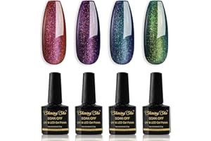 Shining She Półtrwały lakier kameleon, 4 kolory, różowy, fioletowy, zielony, niebieski, z brokatem, półtrwały, do lampy UV/LED, lakier do paznokci do salonu i domu, 8 ml