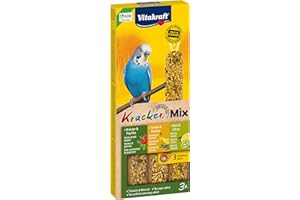 Vitakraft Kräcker Mix, snack uccelli, per pappagallini ondulati, bastoncini da masticare, con erbe aromatiche e peperone, con kiwi e limone, con banana e sesamo, senza zuccheri aggiunti (1x 90g)