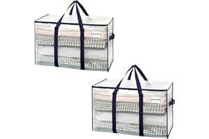 VENO Pack de 2 Bolsas de Almacenamiento para la Mudanza Extra Grande con Cremallera, Alternativa a las Cajas para Mudanzas, Bolsa de Viaje con Bolsillo para Etiqueta (Transparente, Pack de 2)