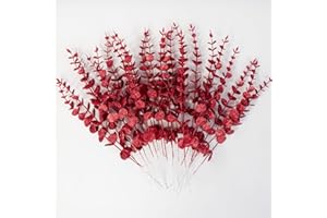 LEIXI 24pcs Glitter Eucalyptus Leaves Stems,13.8In Christmas Eucalyptus Branches Plants for Wedding Xmas Tree Holiday Winter Home Fireplace Decor (Red)