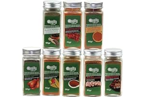 QUALITY FOOD QF SPAIN Pack d'épices à viande. Idéal pour les cadeaux et l'usage quotidien. 8 bocaux en verre, réutilisables. Cajun, Tajine, BBQ, Churrasco, Kebab, Poulet au four, Brochette mauresque, Poivre noir.