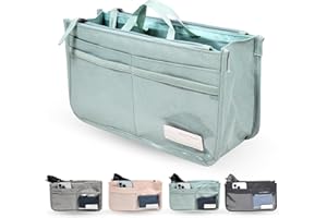 GOR/ADN Organizador de bolsos de mujer insertable para interior de bolso, 2 asas, 13 compartimentos (10 bolsillos, 6 transparentes, 2 con cremallera, 1 central grande), ligero, poliéster 27,5x15,5x9,5cm VERDE