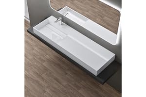 doporro Lavabo Bagno Sospeso Lavabo da Appoggio Rettangolare in Marmo Resina Bianco Lucido, Vasca a Sinistra 150x48x13 cm con 1 Foro Rubinetto e Piletta Scarico, Colossum12