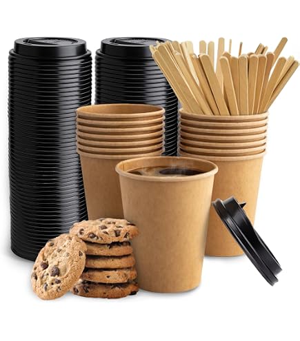 OKIM-R, Lot de 100 gobelets jetables pour café avec couvercle et dissolvant, gobelets en papier kraft jetables, gobelets avec couvercle jetables, gobelets à café de 240 ml