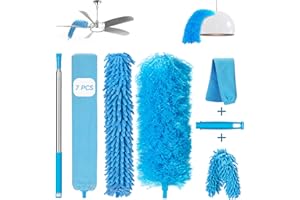 HUDDU 7 Pièces Plumeau Télescopique, Tete de Loup Tige Télescopique Longueur Extensible 54-256 cm, Lavable Plumeau Poussiere Microfibre pour Plafonds, Toiles D'araignées, Elimine sans Effort la Poussière